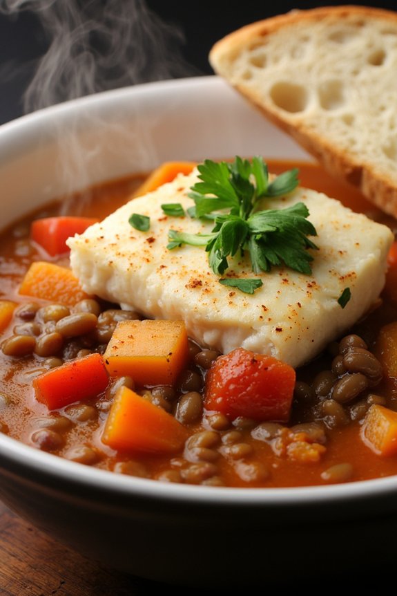 hearty lentil and cod stew