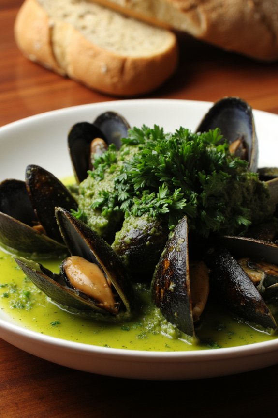mussels in vibrant green sauce
