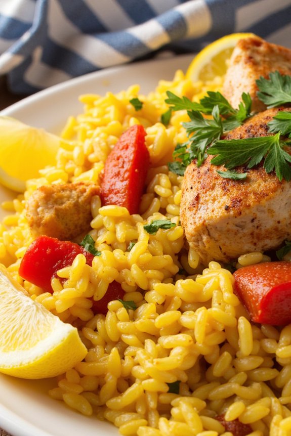 saffron infused chicken hominy dish